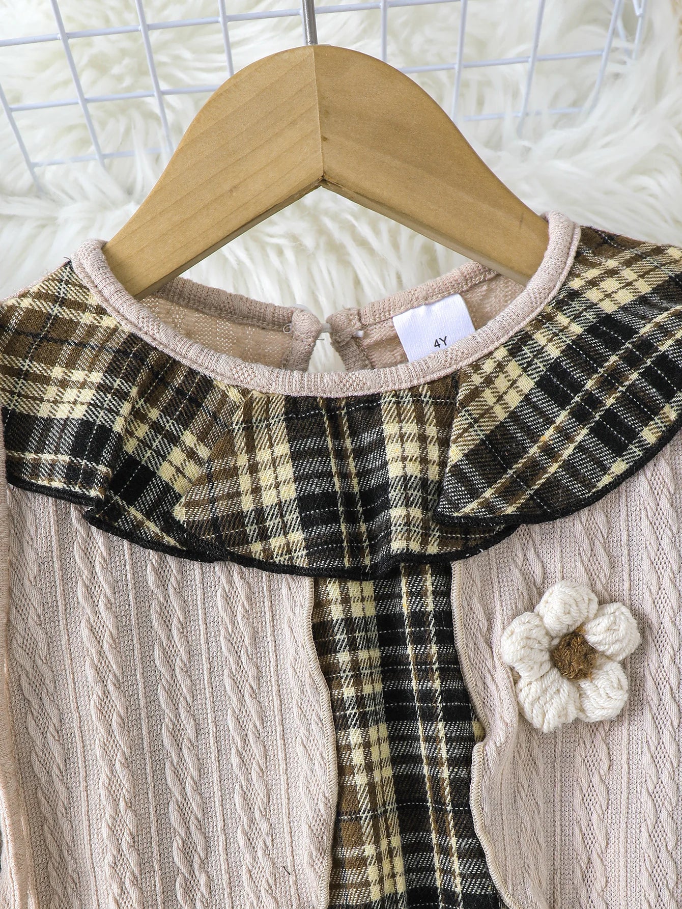 2pcs girls' Fried Dough Twists stitching plaid fake two round neck long sleeve dresses with bags, suitable for autumn and winter