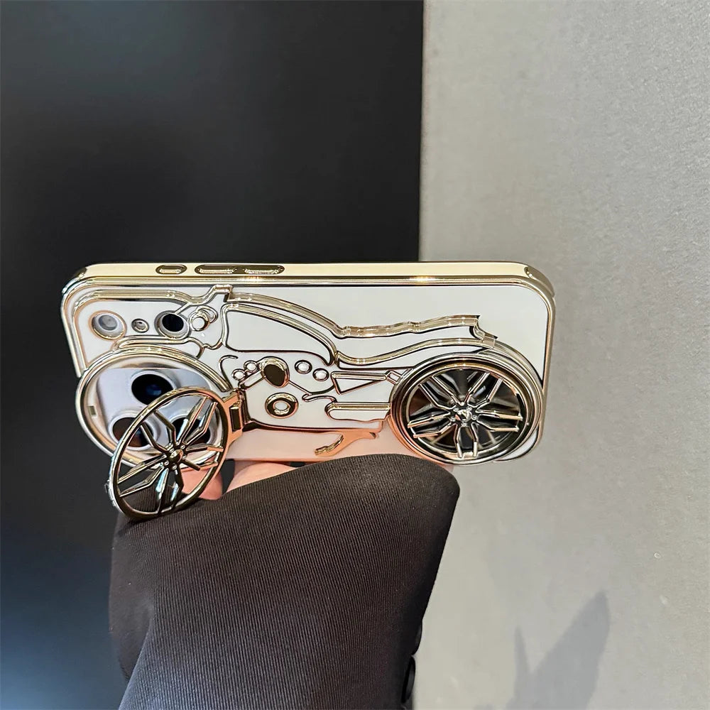 Motorcycle 3D Flip Up Bracket Lens Protection Case for iPhone 12 13 14 15 Plus 16 17 Pro Max Airbag Shockproof Solid Color Cover