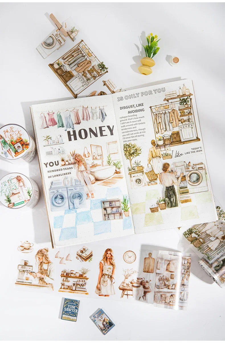 JIANWU 60mm*200cm Weekend Daily Series Vintage Character Life Landscaping Material Collage PET Tape Creative Journal Stationery