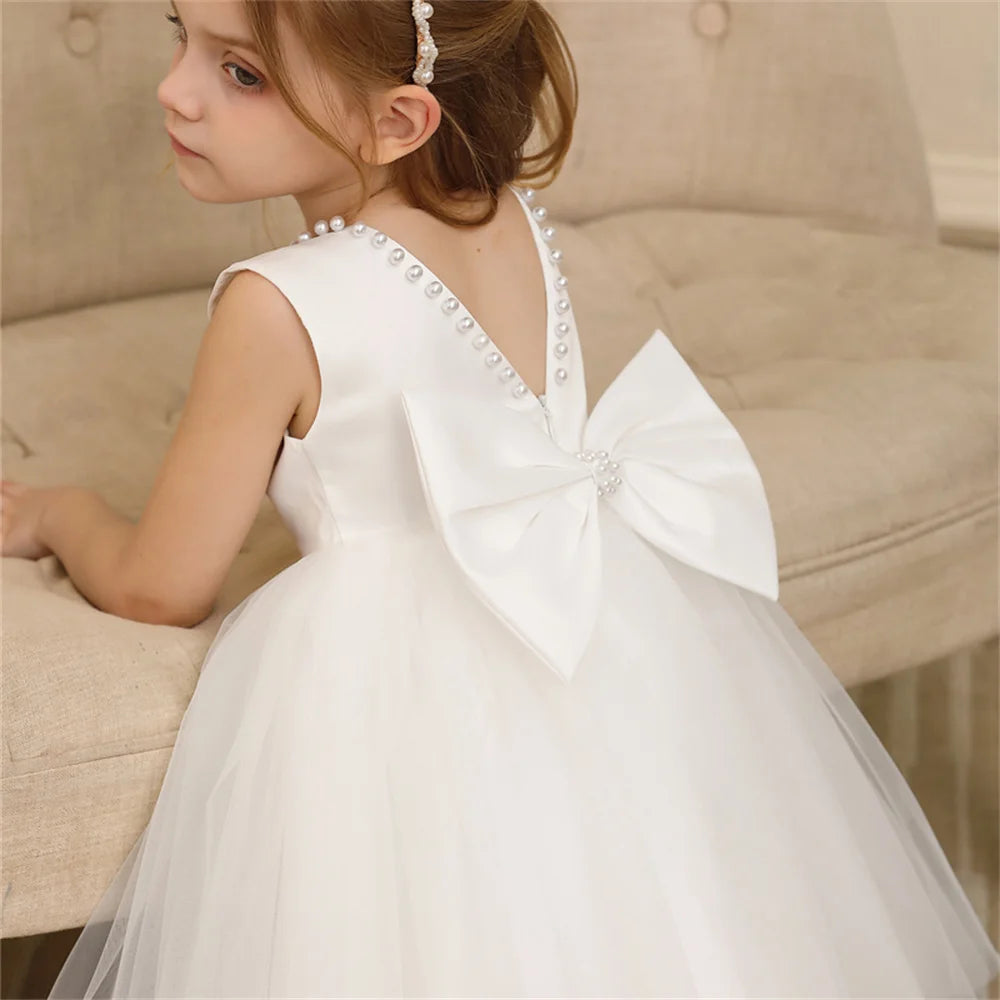 Toddler Girl Flower Birthday Tulle Pearl Dress Backless Bow Wedding Gown Baby Girl Bowknot Dresses Kid Party Wear Princess Dress