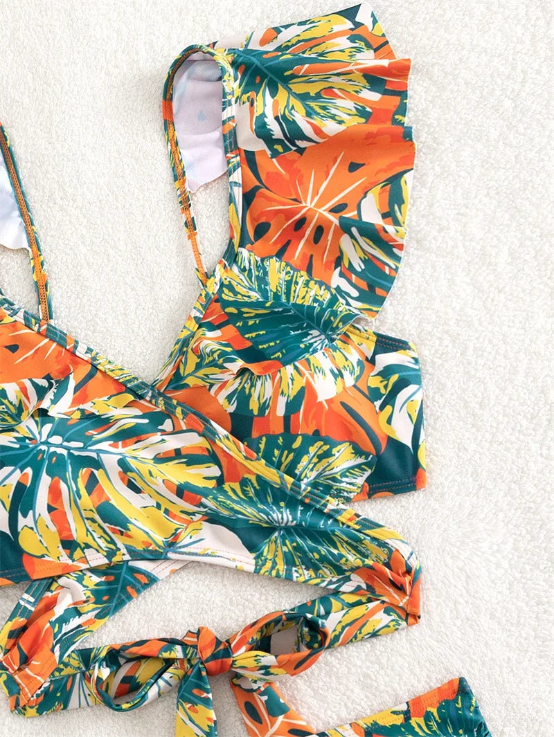 Cikini Summer Swimsuit For Women Tropical Print Ruffle Trim Summer Beach Bikini Set Summer Beach Swimwear Bathing Suit