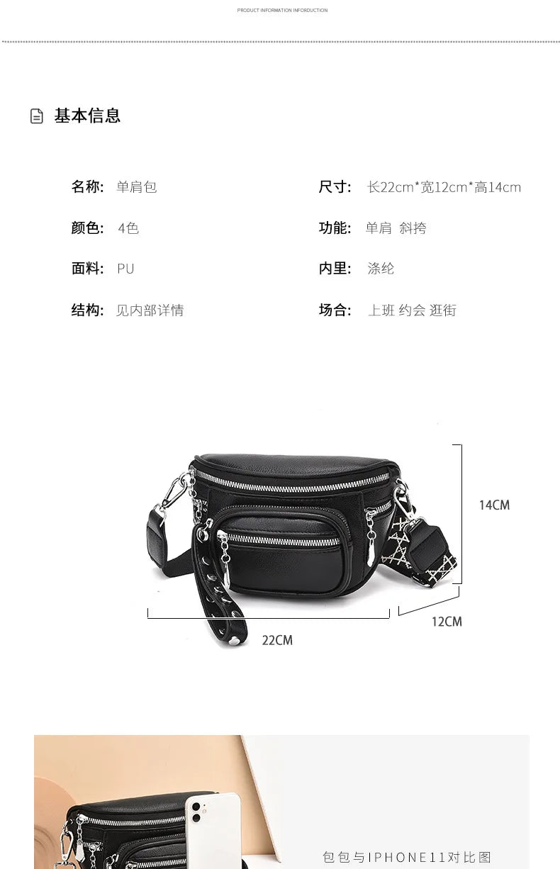 Luxury Multi-pocket 100% cowhide Crossbody Bags For Women Black Shoulder Messenger Handbags Small Chest Bag Travel Saddle bag