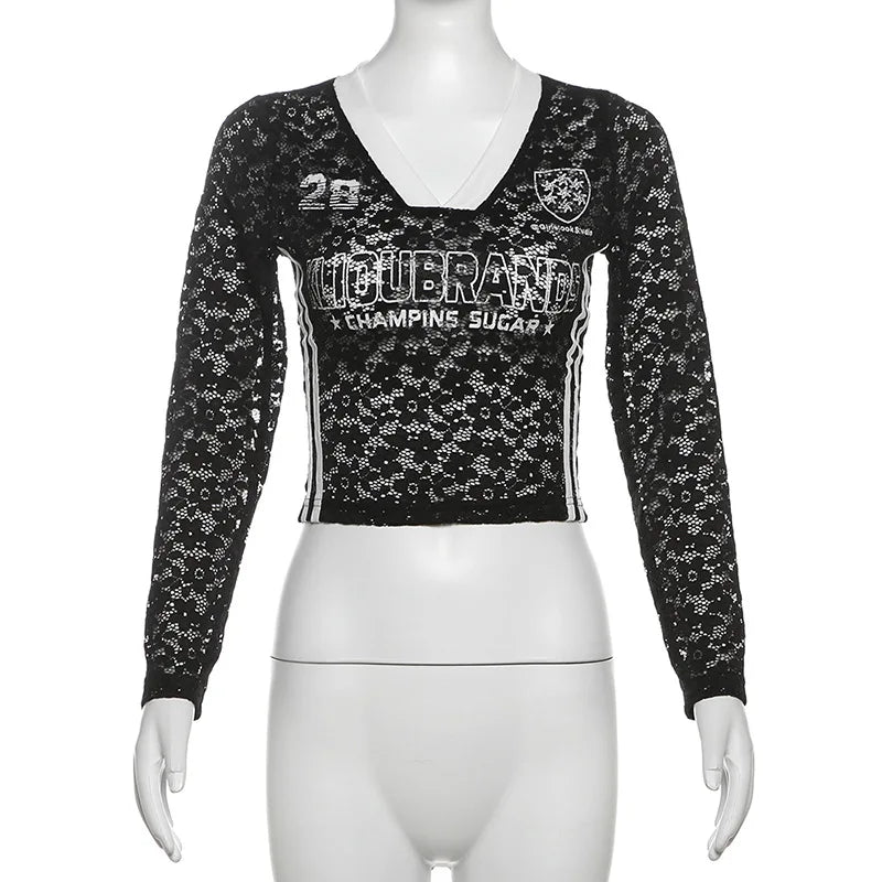 HLJ Y2K Sexy Lace Two Piece Set for Woman Letter Printing See Through Long Sleeve Crop Top + Shorts Suits Female Streetwear New