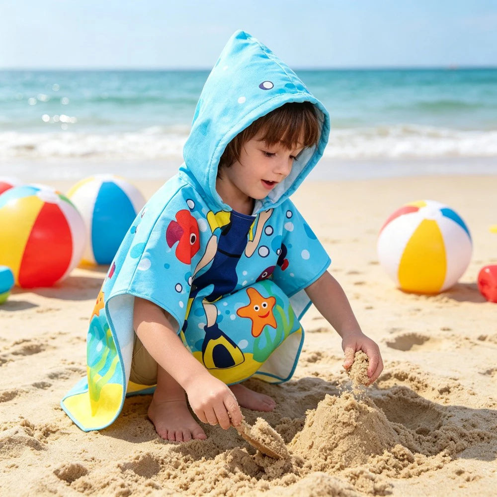 60-120cm Kids Hooded Bath Beach Poncho Towels Baby Quick Dry Bathrobe Child Cartoon Cloak Poncho Towels Microfiber Swim Cover-up