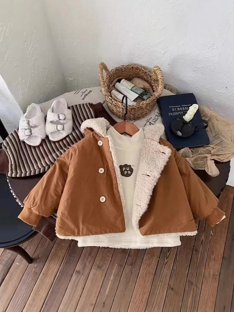 2024 Winter New Baby Warm Lamb Cashmere Hooded Coat Solid Versatile Boys Girls Padded Jacket Plus Velvet Thick Infant Clothes