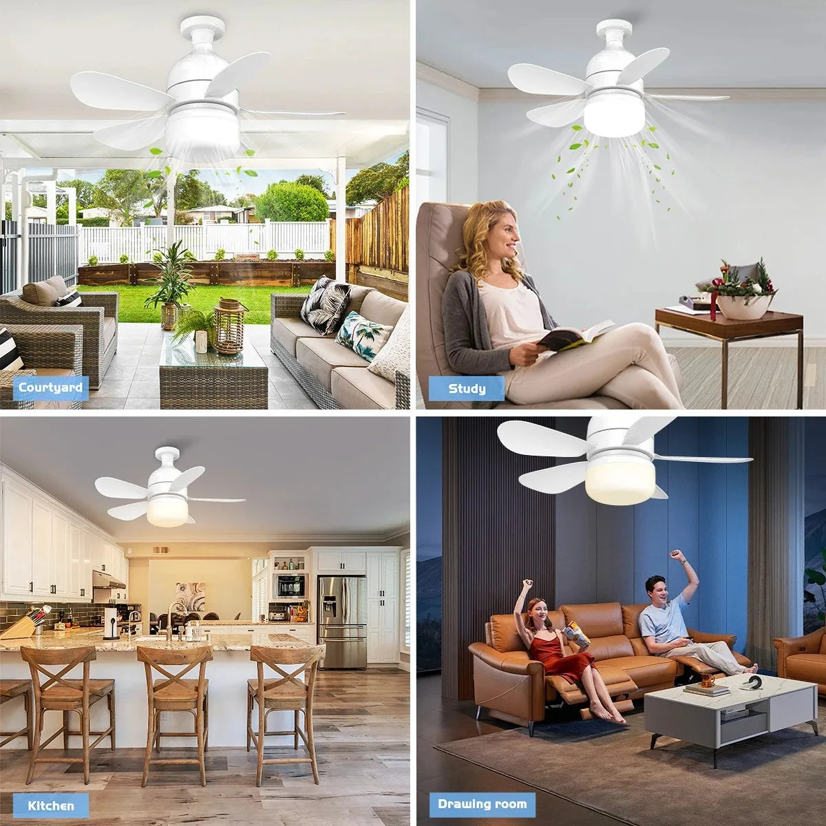 Indoor Fan Light Bulb Dimmable LED Ceiling Fans with Lights Remote Adjustable Color and Brightness Fan for Kitchen Bedroom