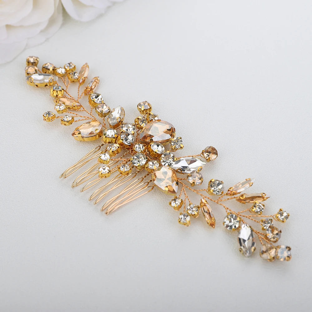 Crystal Flower Bride Hair Accessories Red Wedding Head Jewelry Blue Rhinestone Headdresses Women Hair Comb 9 Colors Headpieces