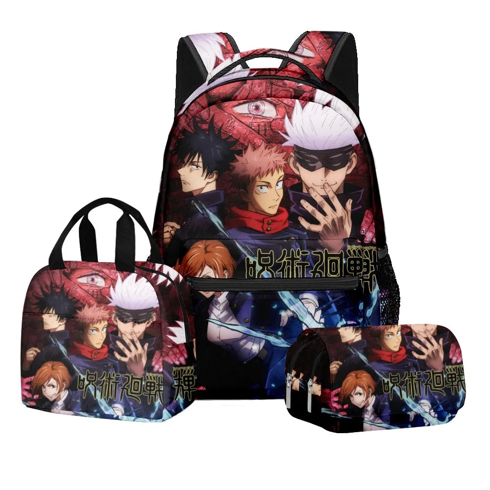 Anime Digital Print Jujutsu Kaisen School Set Large Capacity Backpack Lunch Bag 2-Layer Pencil Case 3-Piece Boy's Gift
