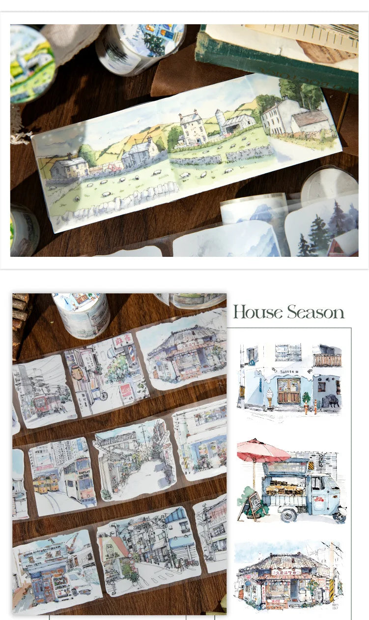 JIANWU 60mm*200cm Four Seasons with You Series Vintage Building Landscaping PET Tape Creative DIY Journal Collage Stationery