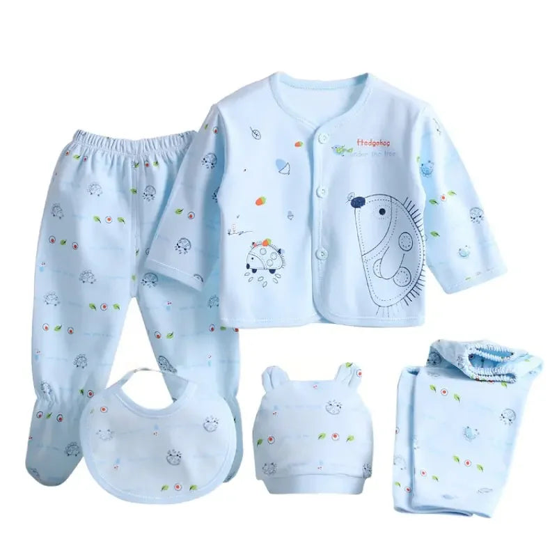 5pcs Newborn Baby 0-3m Clothing Sets Baby Boy Girl Top 2 Pants Hat Bibs Clothes Cotton Cartoon Underwear Infant Breathable Suit