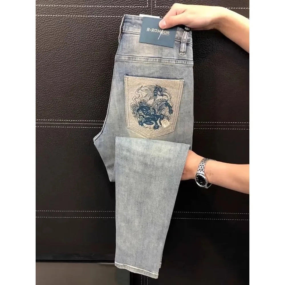 Ele Men's Slim Fit Jeans Elastic Casual Pants Lightweight Luxury Faion Embroidery Summer New Sle European Faion