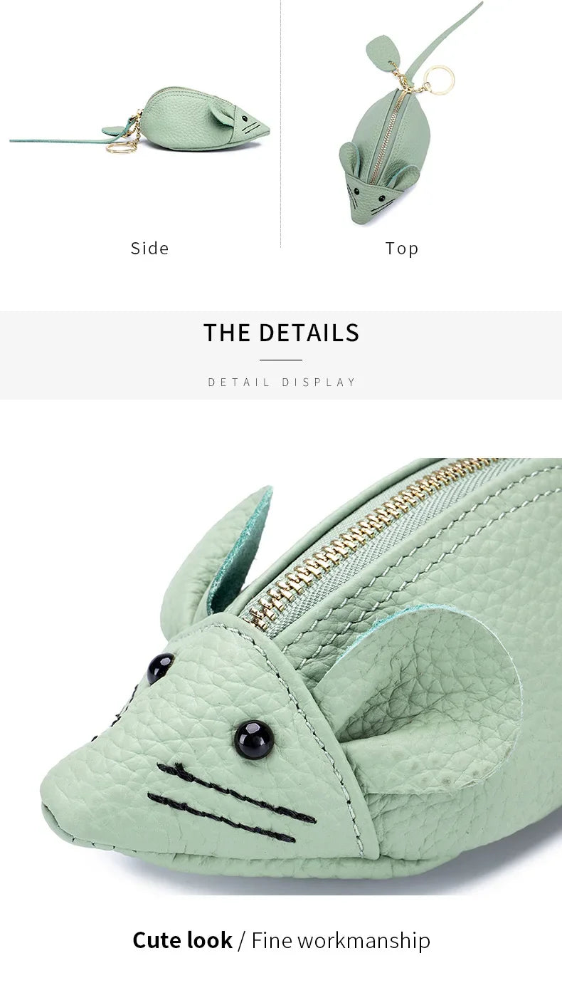 Women's Leather Mini Coin Pouch - Cute Mouse Keyring Lipstick Clutch Bag with Pendant Charm for Gift Essentials