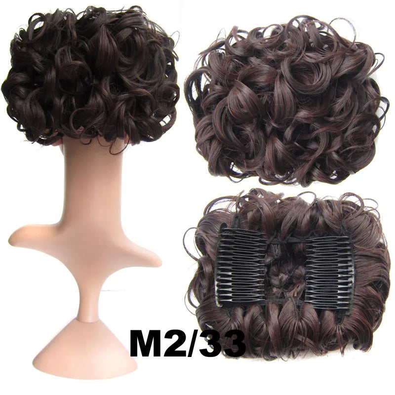 Synthetic Curly Messy Bun With Combs Scrunchie Chignon Dish Hair Bun Extension Clip in Hair Bun Hairpiece for Women Girls