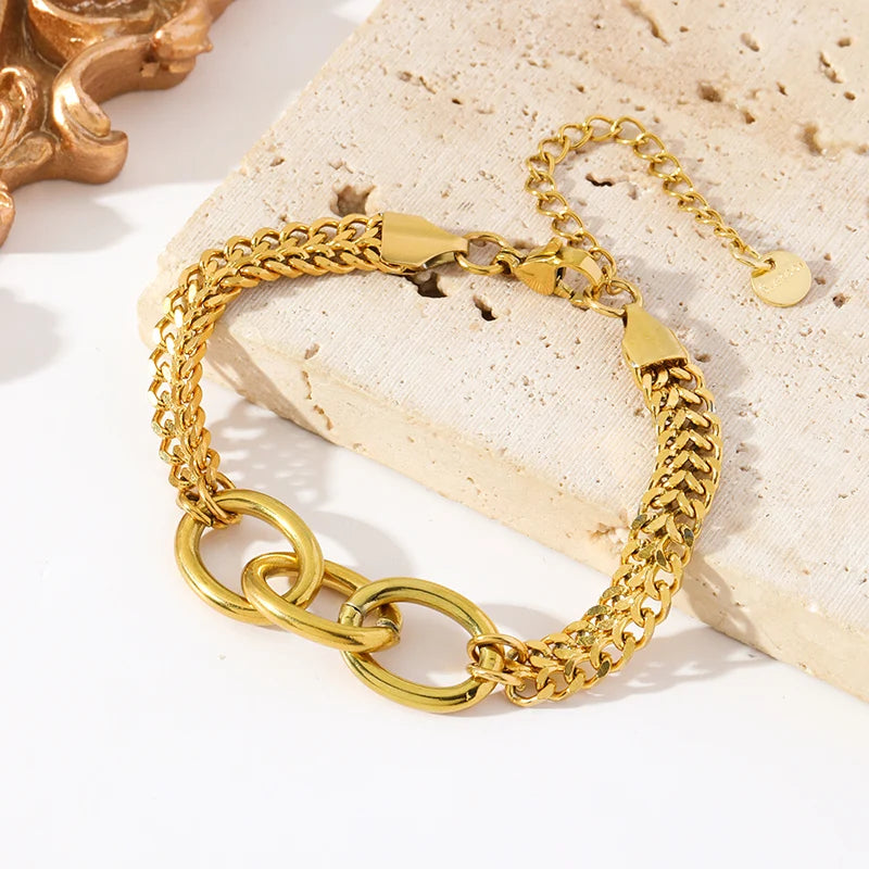 EILIECK 316L Stainless Steel Metal Texture Oval Chain Bracelet Bangle For Women 18K PVD Plated Wrist Chain Waterproof Jewelry