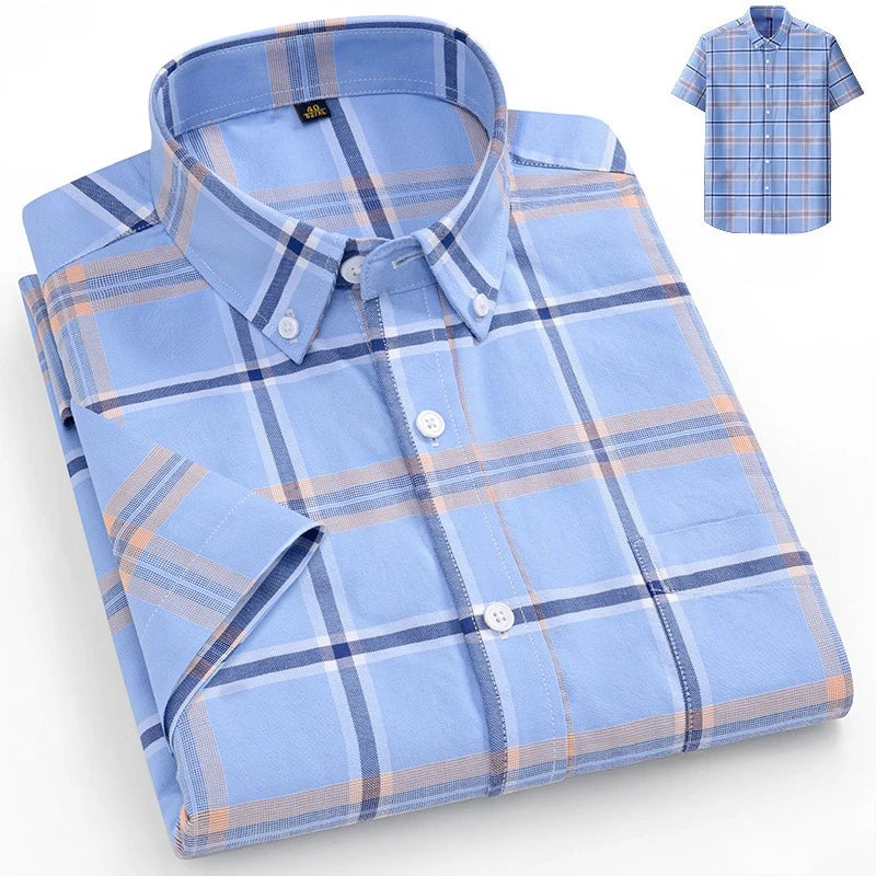 Plus size14XL 100%cotton oxford summer short sleeve shirts for man slim fit casual plian shirt striped elegant designer clothes