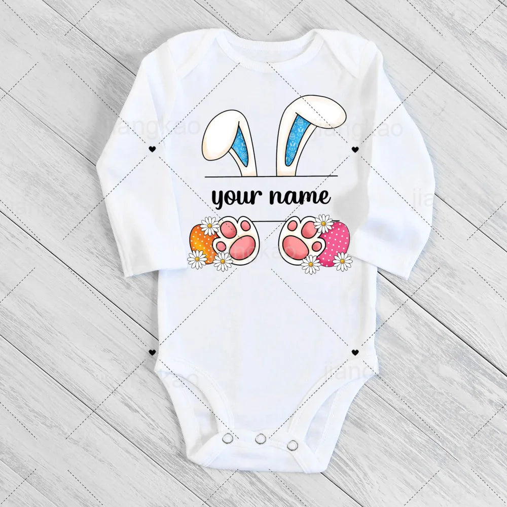 Personalized Easter Romper Easter Bunny Romper Custom Name Baby Girls Cute Outfit Newborn First Easter Party Clothes