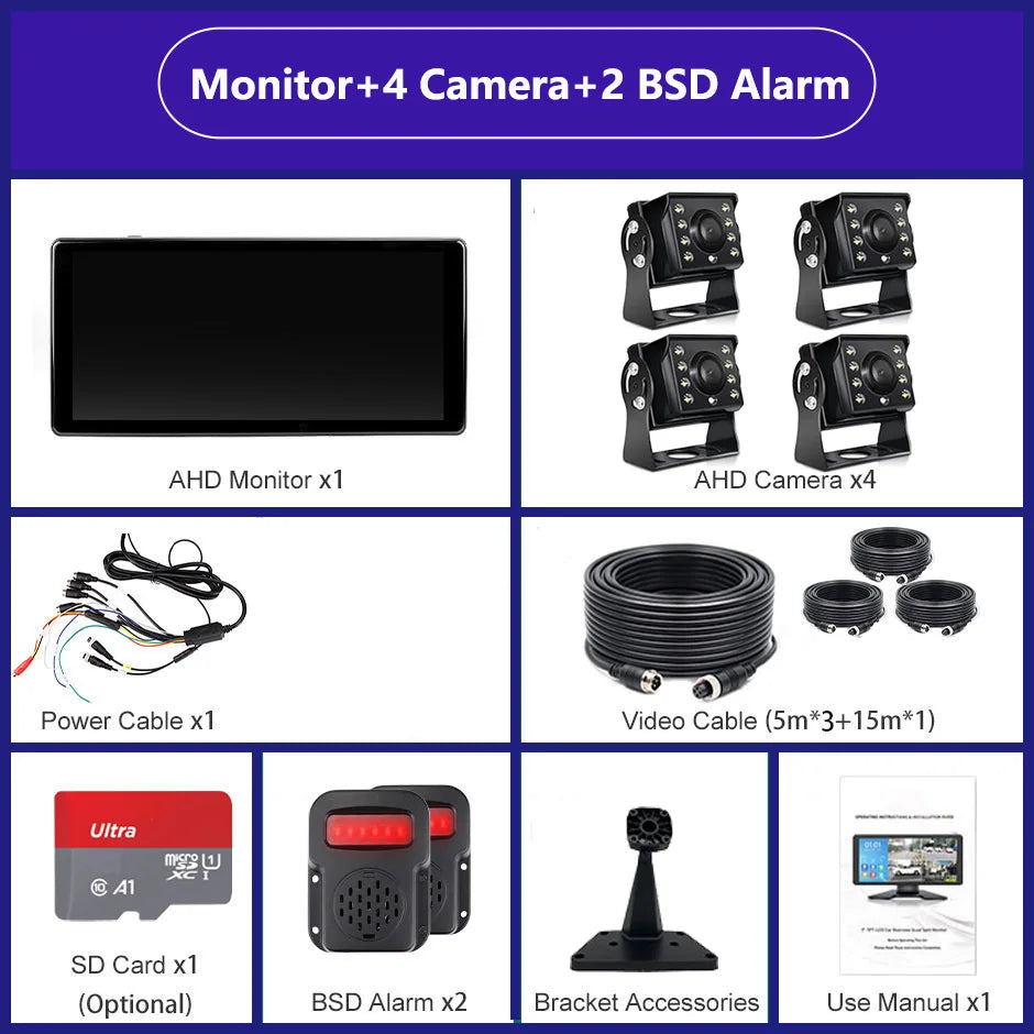 10.36 inch 4 Channel Car DVR Recorder Smart Blind Spot Radar BSD Alarm Monitor With 1080P AHD 4 Backup Cameras For Truck Bus
