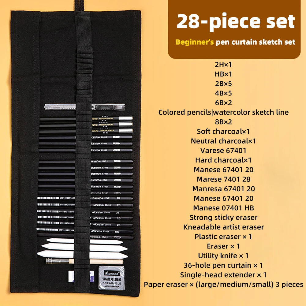 Sketching Pen Set Drawing Kit Student Portable Pen Curtain Charcoal Pencil Sketch Pencil Charcoal Stick Sharpener Eraser Set Box