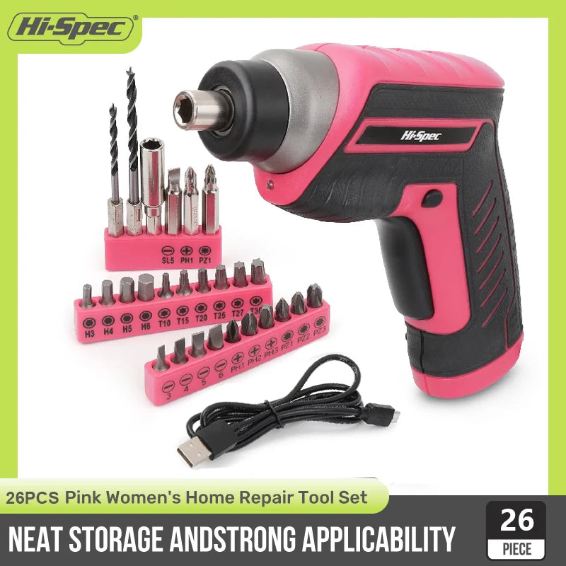 Hi-Spec Pink 3.6V Electric Screwdriver Rechargable Cordless Screwdriver Small Screw Gun USB Charge Powerful Electric Screwdriver