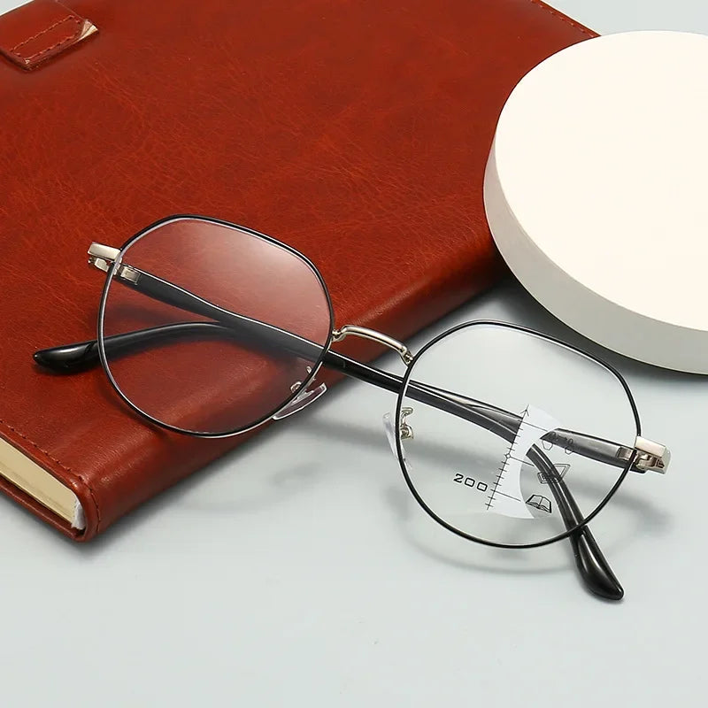 Progressive Multifocal Glasses Anti Blue Light Reading Glasses Fashion Women Men Metal Near and Far Presbyopic Eyewear Diopter