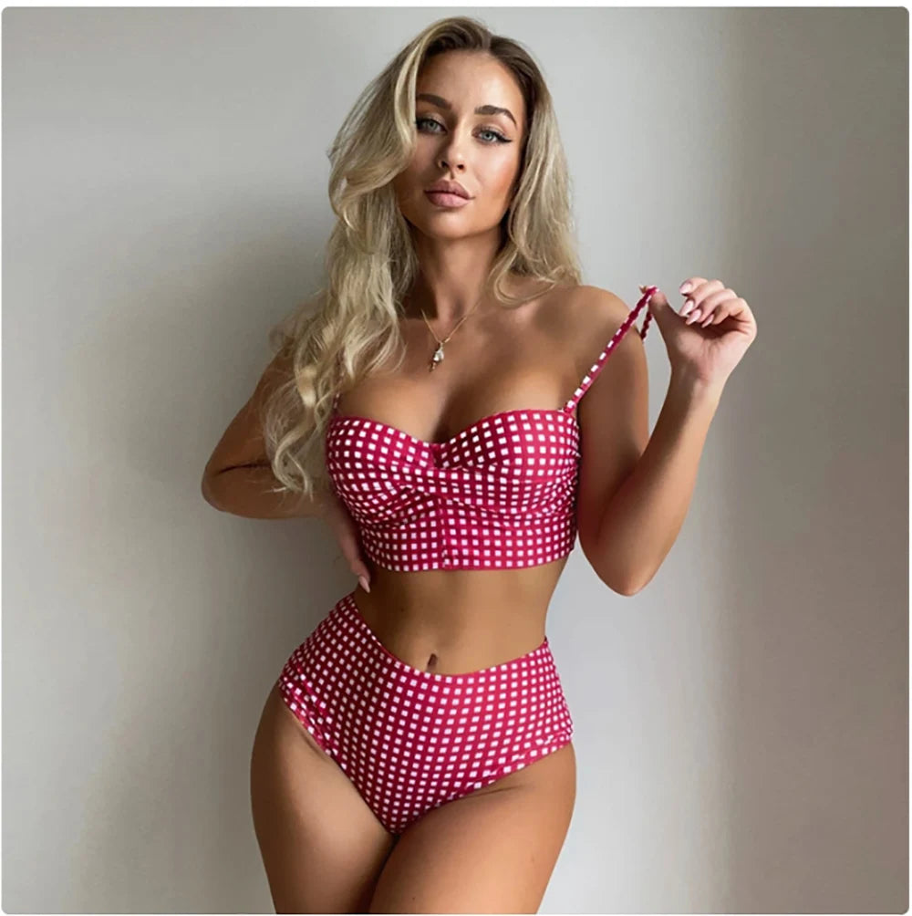 2025 New Two-piece Bikini Set Women Plaid Swimsuit Sling Backless Swimwear Tight Gathered Beachwear Brazilian Bathing Suit