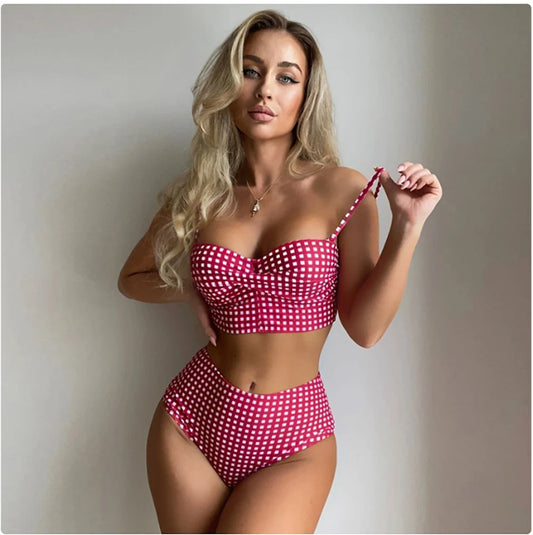 2025 New Two-piece Bikini Set Women Plaid Swimsuit Sling Backless Swimwear Tight Gathered Beachwear Brazilian Bathing Suit