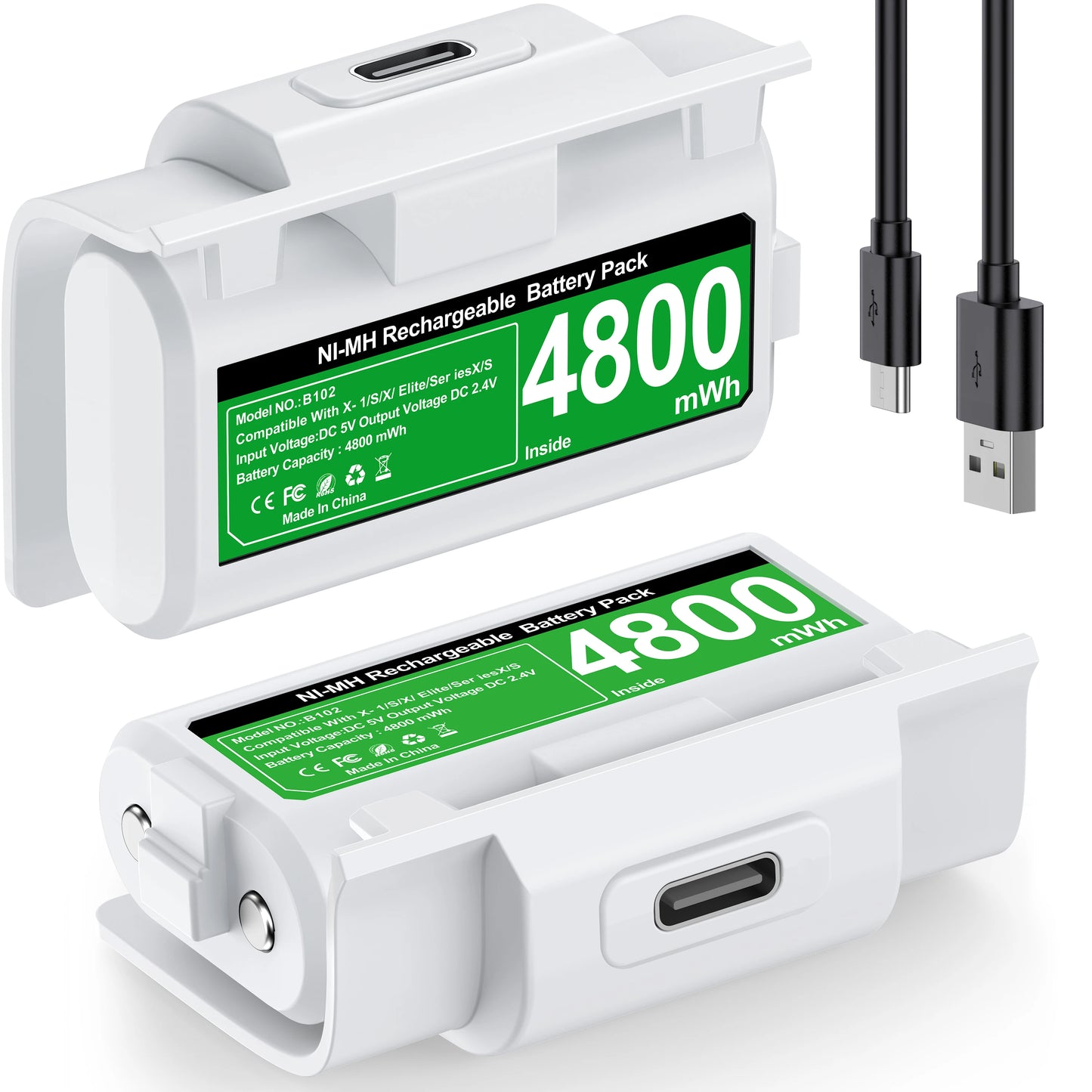 2 x 4800mWh Xbox One Controller Batteries Pack Play and Charge Kit USB-C Charging Cable/4 Covers for Xbox One/Series X|S