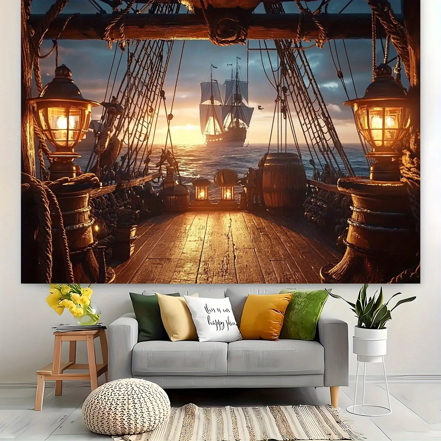 1 golden dusk pirate ship sailing scene background cloth, retro-style party banner, outdoor decoration