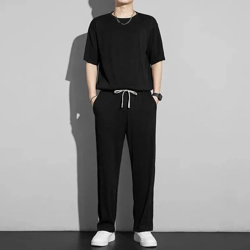 Men's Wrinkled Ice Silk Sports Set 2026 Summer New Short sleeved Long Pants Two piece Set Fashionable Breathable and Cool