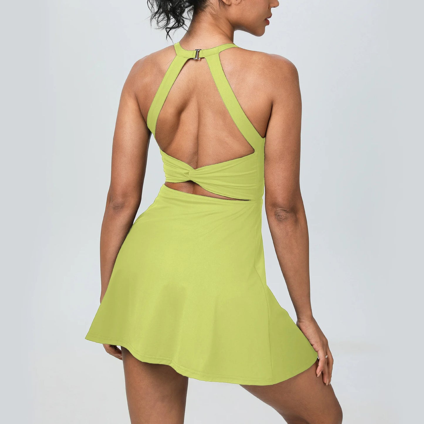 Summer Women Sexy Backless Tennis Dress Sleeveless A-lined Athletic Dress Built-in Bra & Shorts Ladies Elastic Workout Skirts