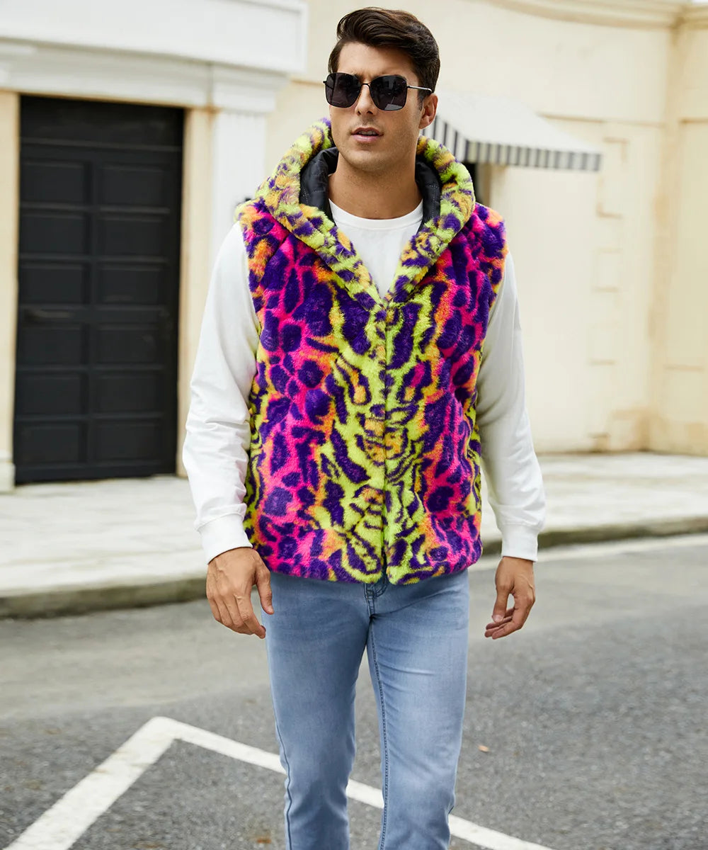 Autumn and Winter New Fashion Mens Warm Vest Imitation Fur Leopard Print Contrasting Plush Vest