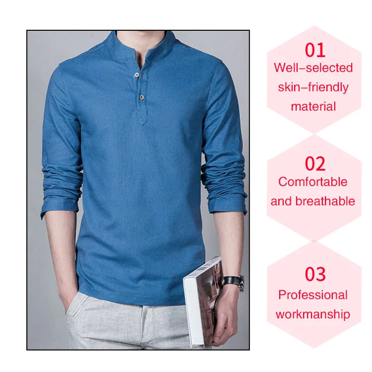 Men’s Solid-color Cotton Linen Shirt Long Sleeve Plus Size Casual