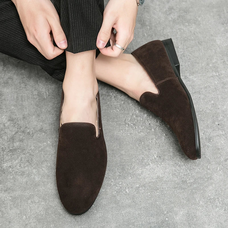 Fashion Classic Men Suede Shoes Male Pointed Brown Black Slip On Loafers Wedding Dress Homecoming Formal Footwear Zapatos Hombre