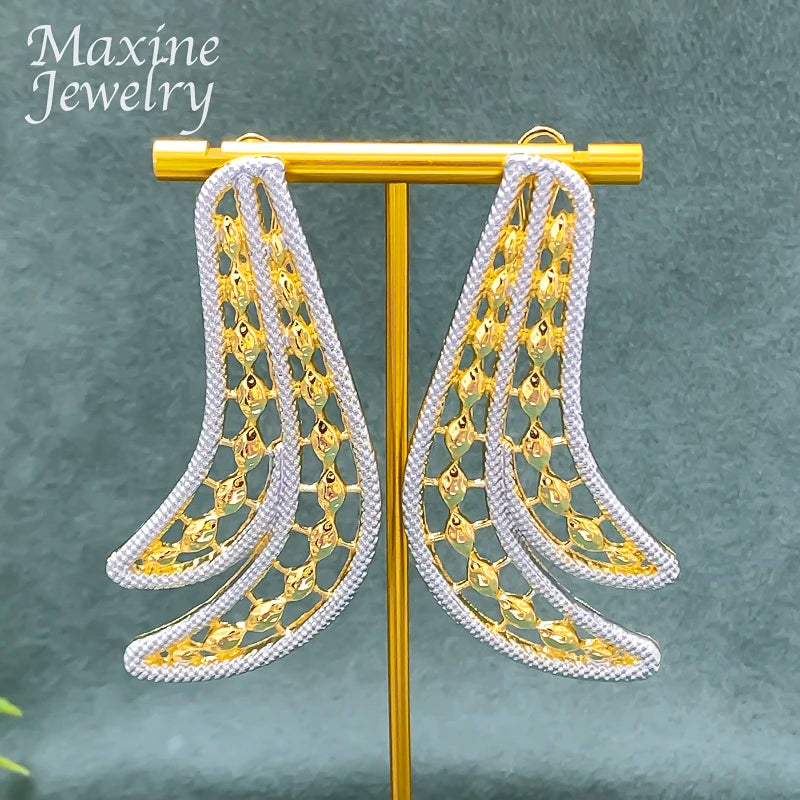 Feather Two Tones Geometric Design Jewelry Set Women Collar Necklace Earring Bracelet Ring African Bridal Wedding Party Gifts