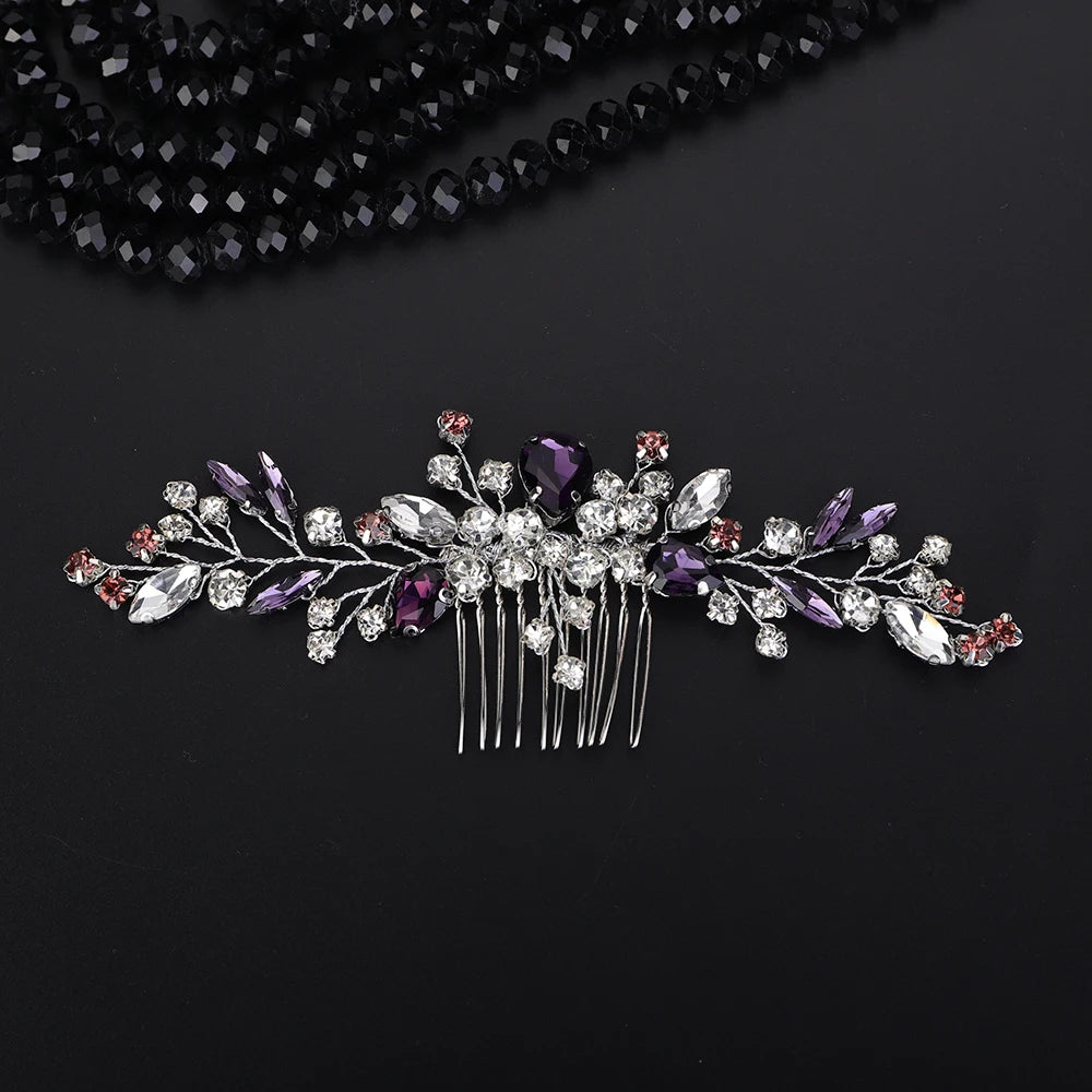 Crystal Flower Bride Hair Accessories Red Wedding Head Jewelry Blue Rhinestone Headdresses Women Hair Comb 9 Colors Headpieces