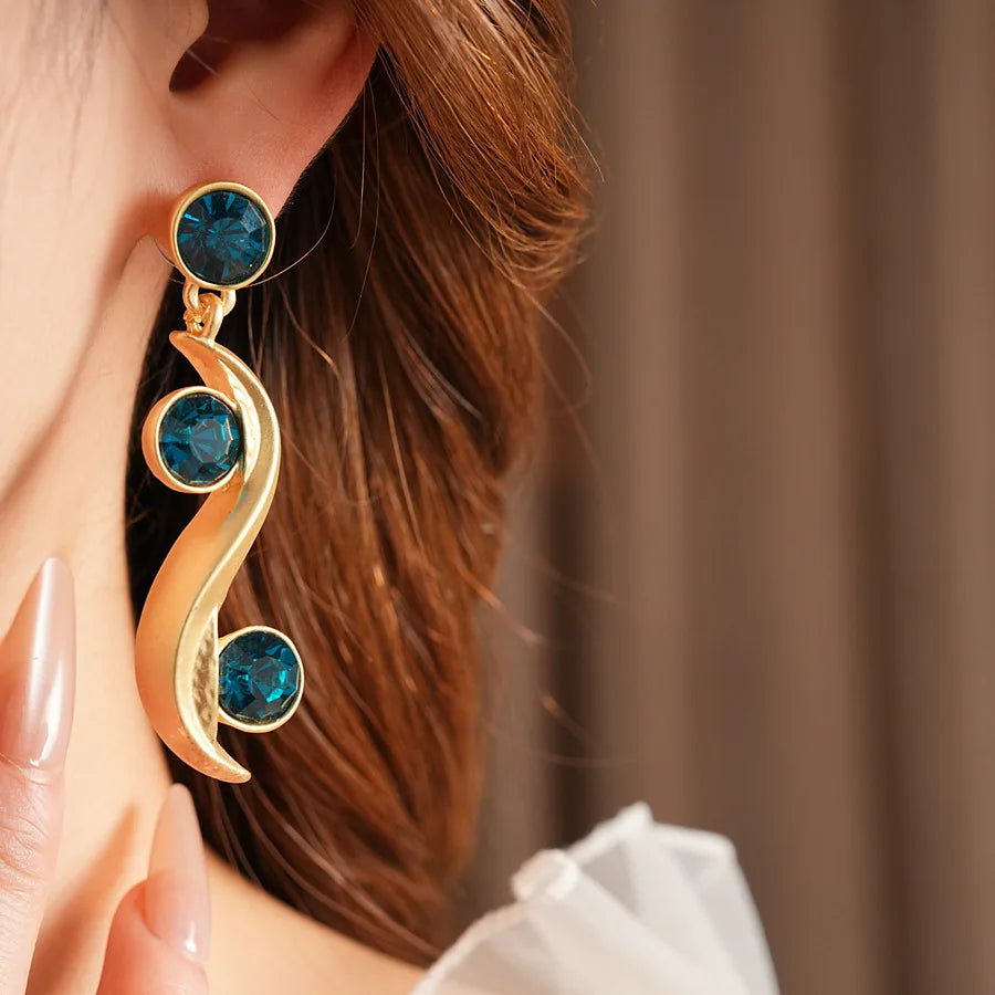 1/2 Pcs Unique Round Wave Long Earrings Blue Rhinestone Adjustable Chain Necklace Bohemian Women Fashion Jewelry Set Vacation N