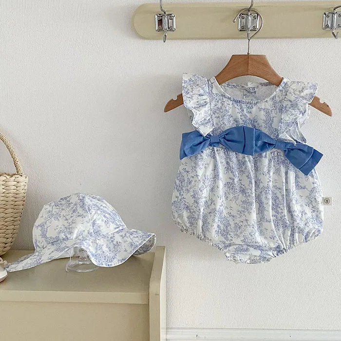 2025 New Summer Infant Baby Girls Bodysuits+Hat Sleeveless Cotton Flower Print Toddler Baby Girls Jumpsuit 0-24M Baby Clothing