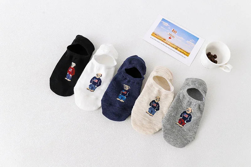 5 Pairs Unisex Men Socks 5 Colors Summer New Cartoon Bear Cotton Boat Socks Light Comfortable Sweat-absorbent Invisible Socks