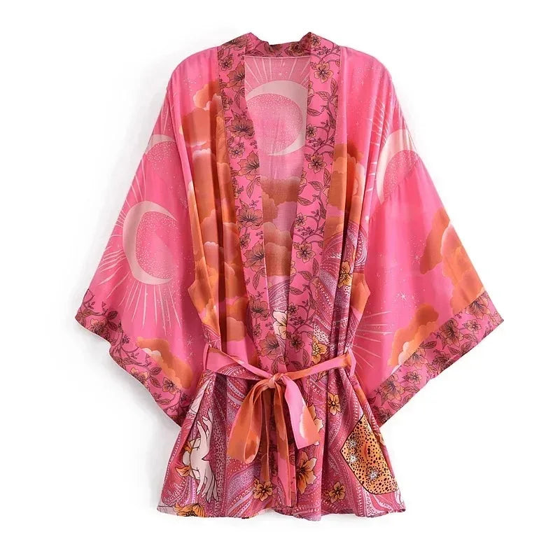 Happie Queens Vintage Star and Moon Floral Print Sashes Women Bohemian V Neck Batwing Sleeves Happie Short Robe Kimono