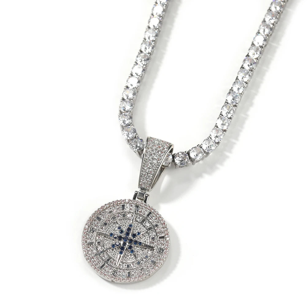 UWIN Compass Pendant Necklaces for Men Women Iced Out Black and White Cubic Zirconia Charms Fashion Jewelry for Gift