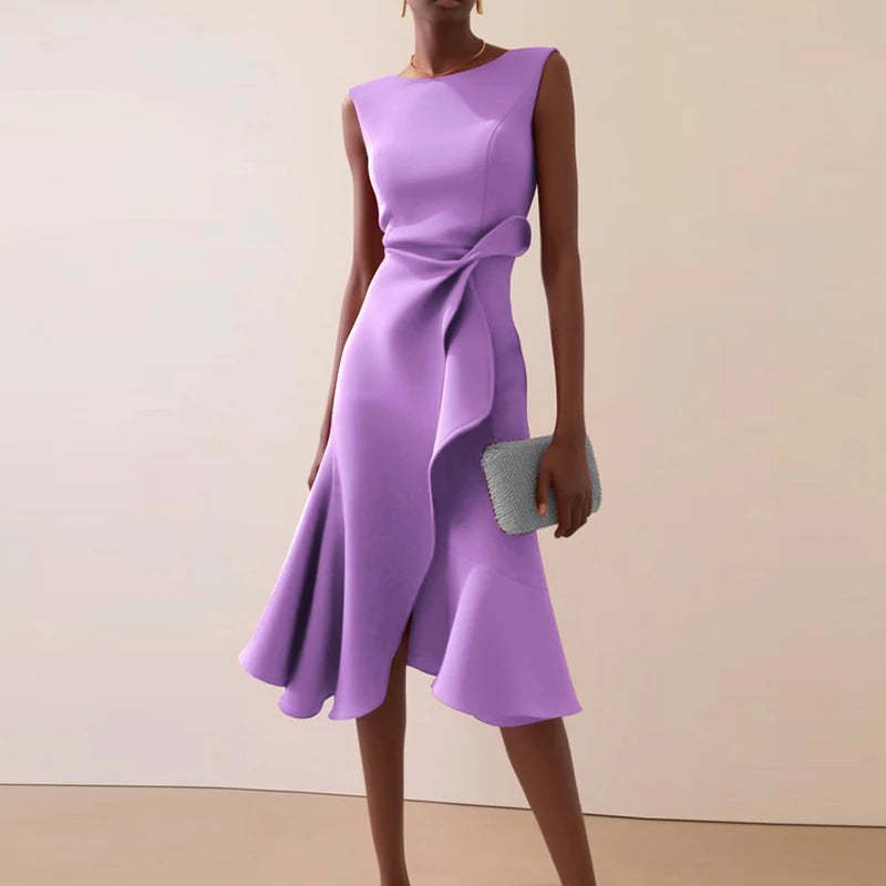 Sexy Women Elegant O Neck Solid Commute Knot Slim Ruffled Irregular Summer Sleeveless A-Line Hight Split Wedding Party Dresses