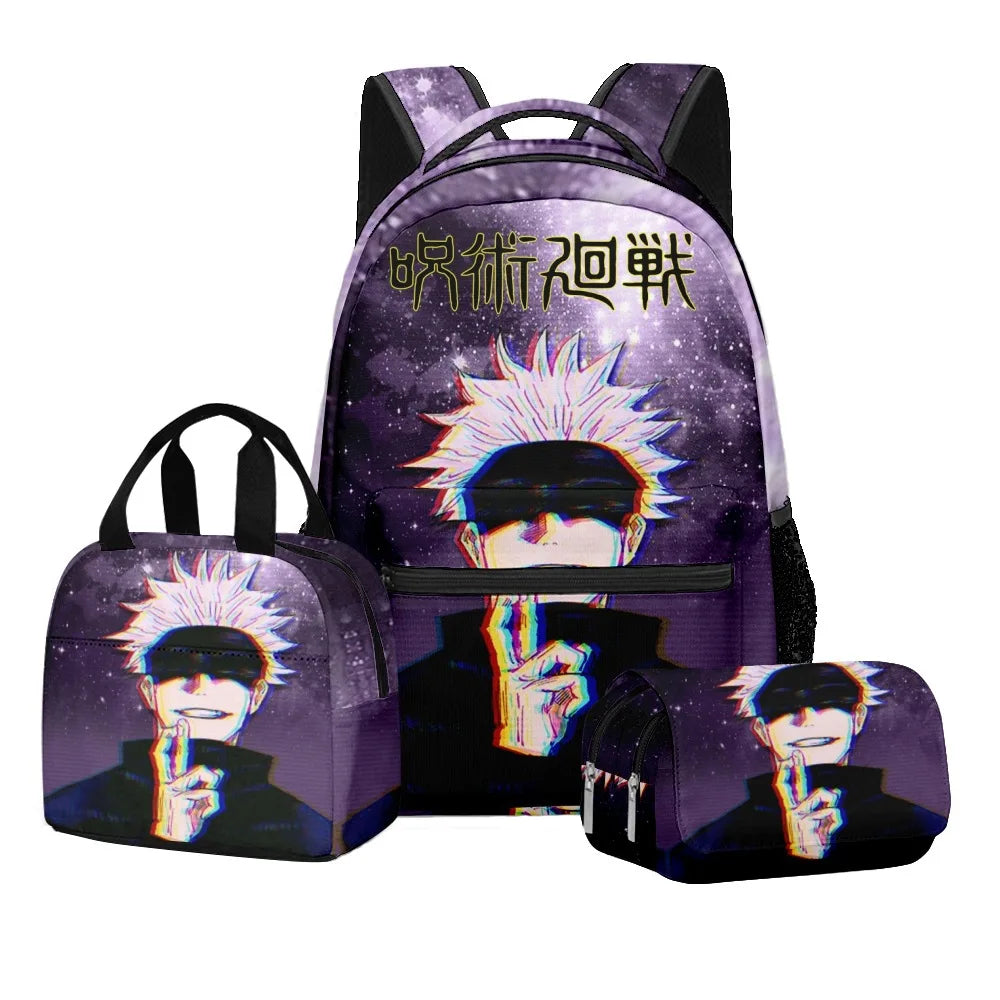 Anime Digital Print Jujutsu Kaisen School Set Large Capacity Backpack Lunch Bag 2-Layer Pencil Case 3-Piece Boy's Gift