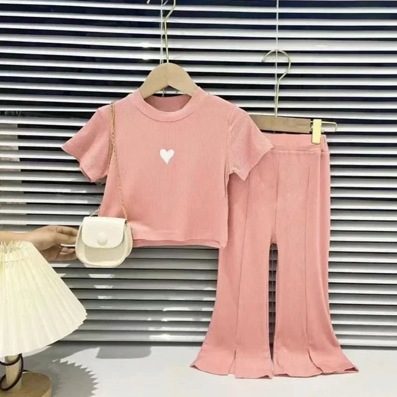Summer Baby Girls Clothes Set Children Casual Tshirts and Flared Pants 2pc Outfits Kid Sweet Heart Print Top Bottom Cute Outfits