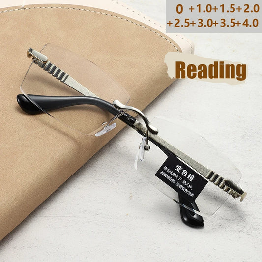 New Clear Color Changing Reading Glasses Multi-sided Metal Frameless Fashion Leisure Business For Men And Women 3006