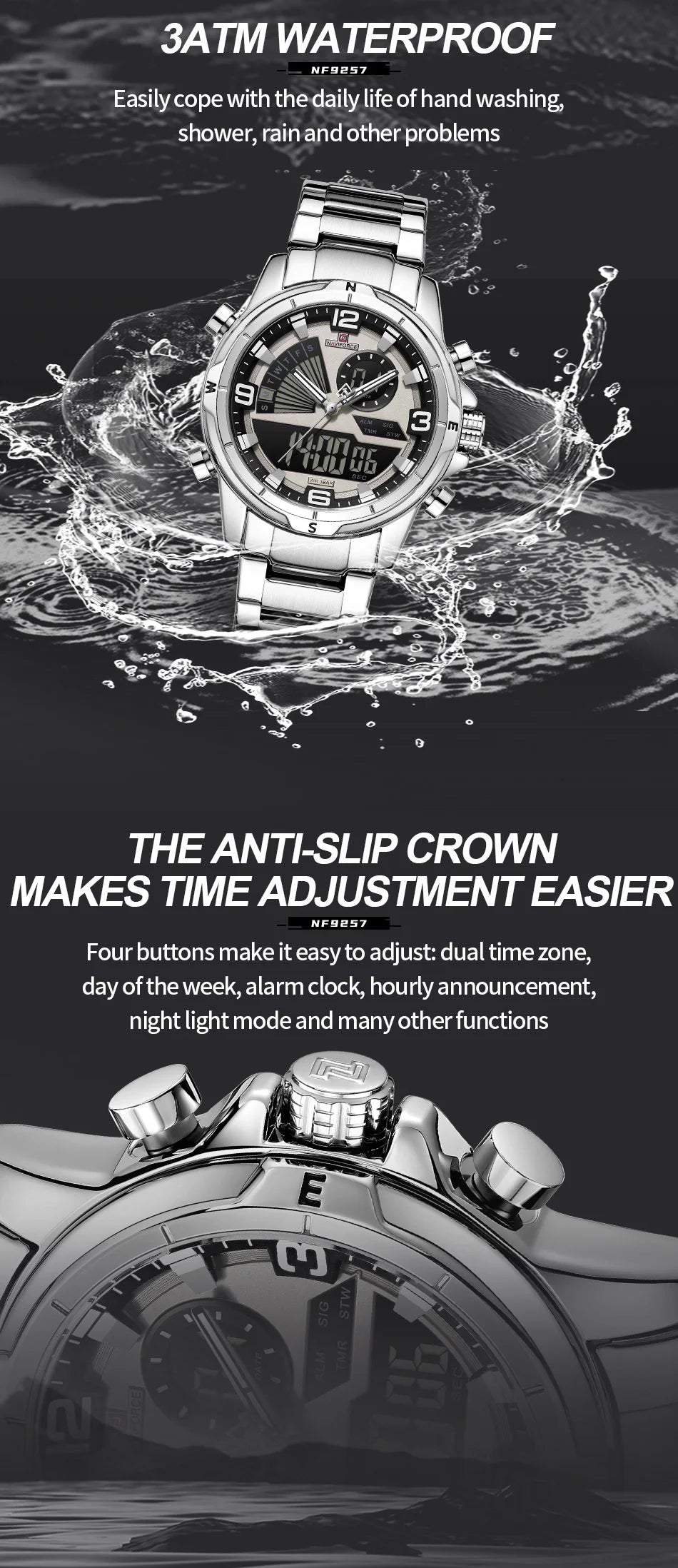 NAVIFORCE Men's Watch 3ATM Waterproof Multifunctional Dual Display with Date Stainless Steel Strap Luxury Business Wristatch