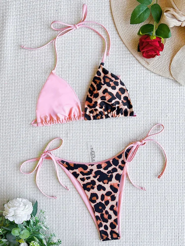 Halter Splicing Leopard Bikinis 2026 Satin Bikini Female Swimsuit Women Swimwear Two-pieces Bikini Set Micro Bathing Suit Swim