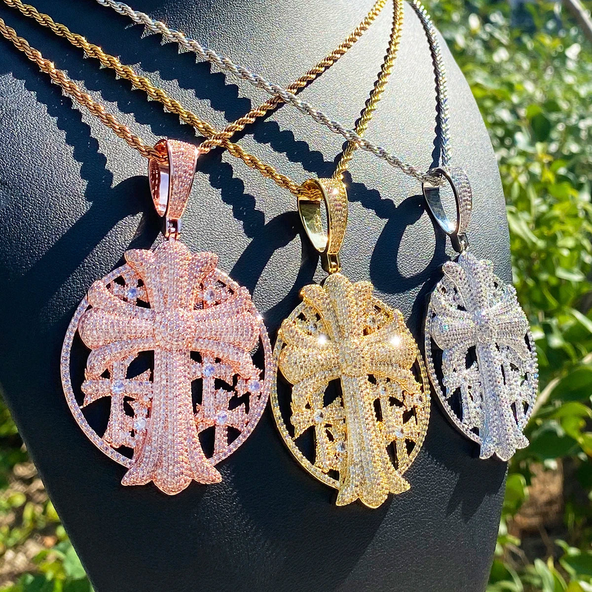 Aokaishen Iced Out Cross Disc Necklace Pendant for Women Real Gold Plated 5A Cubic Zirconia Hip Hop Jewelry