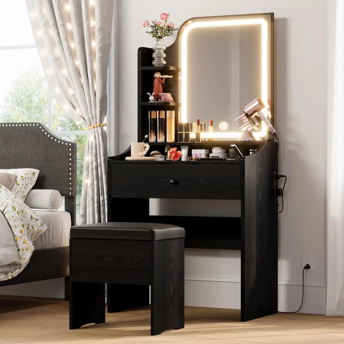 Small Makeup Vanity Desk with Mirror and Lights, Vanity Table Set with Storage Drawer, Chair and Three Shelves, Bedroom, Black