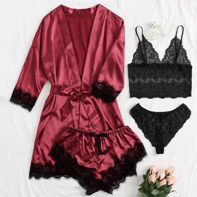 Women' Silk Satin Pajamas Set 4pcs Lingerie Lace Sleepwear With Robe Nightgown Long Sexy night-robe V-neck Nightdress Suit