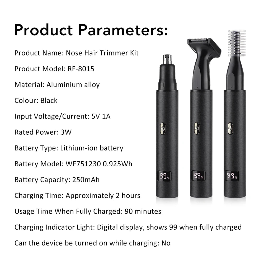 3 in 1 Electric Nose Hair Trimmer for Men Portable Digital Display Nose Ears Hair Eyebrow Trimmer 360° Roating Painless Safe